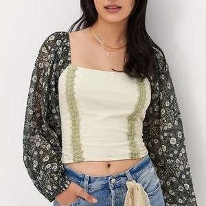 Anthropologie Cream and Green Blouse with Floral Sleeves